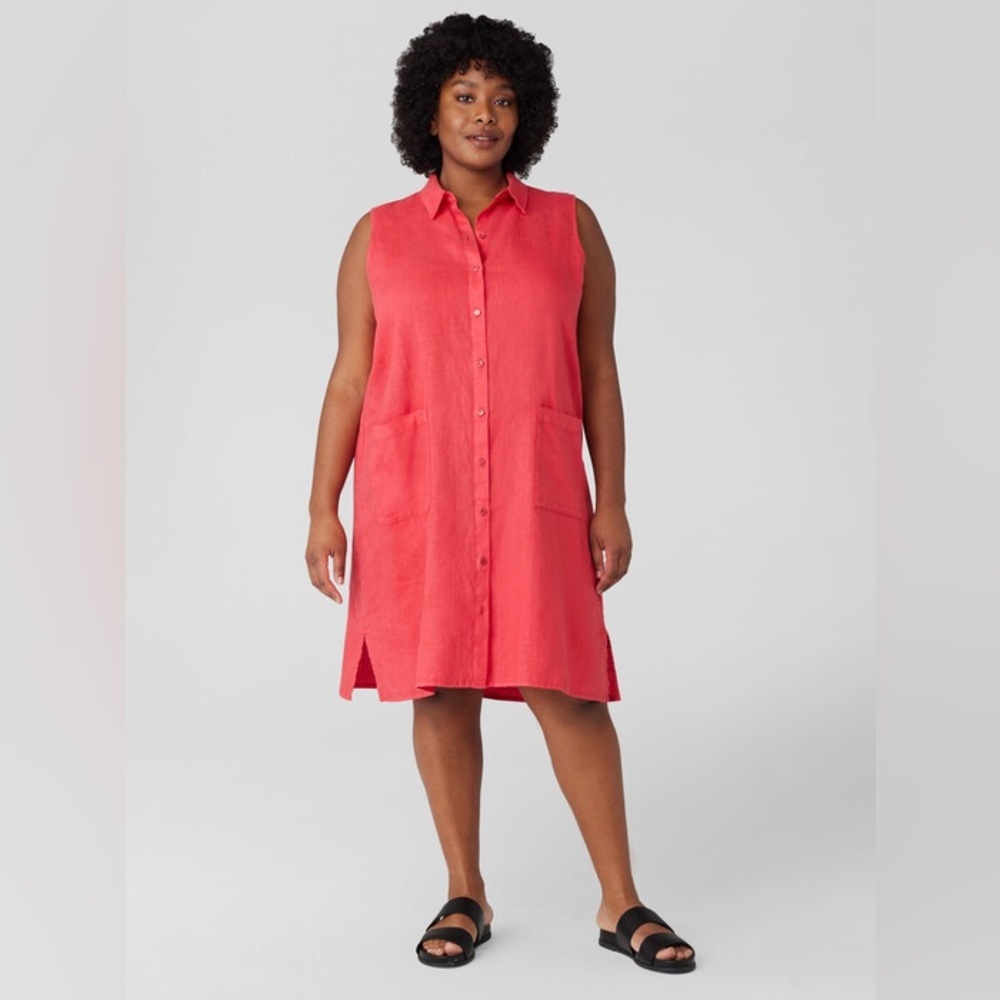 Eileen Fisher Garment Dyed Organic Linen Classic Collar Dress Sz XL